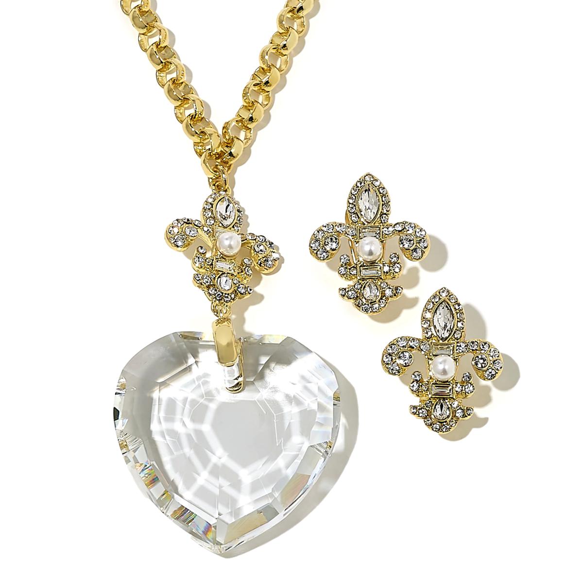 Heidi Daus Winter Heart Drop Necklace & Clip-on Stud Earrings Set