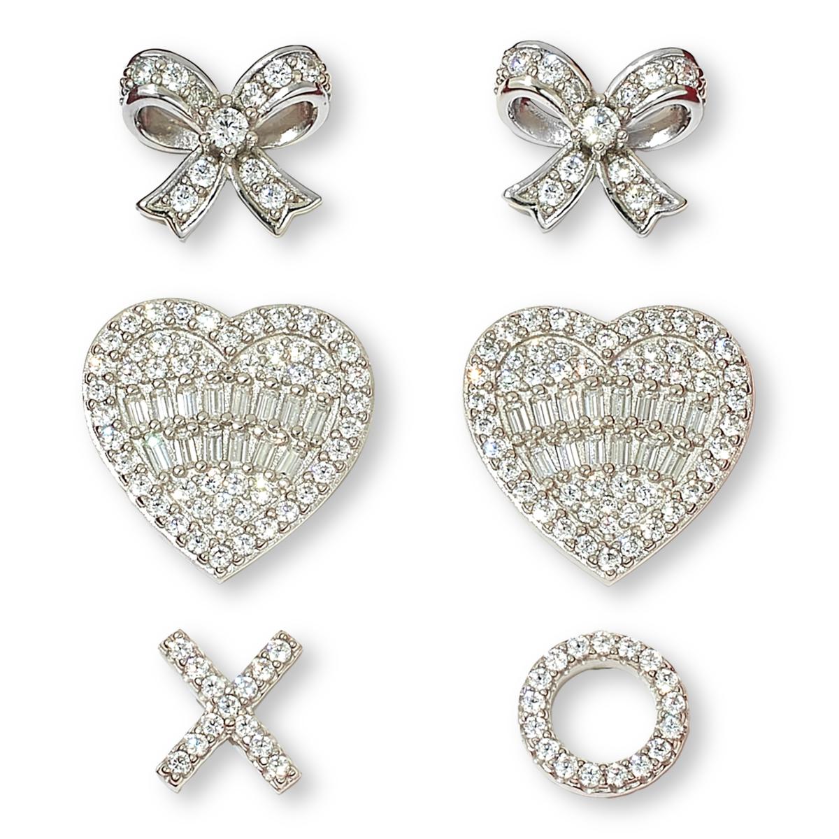 Absolute Sterling Silver 3.48ctw Heart, Bow & XO Stud Earrings