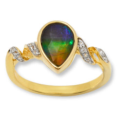 Canadian Ammolite Sterling Silver  Gems Pear-Shape Ammolite & White Topaz Ring, Size 8