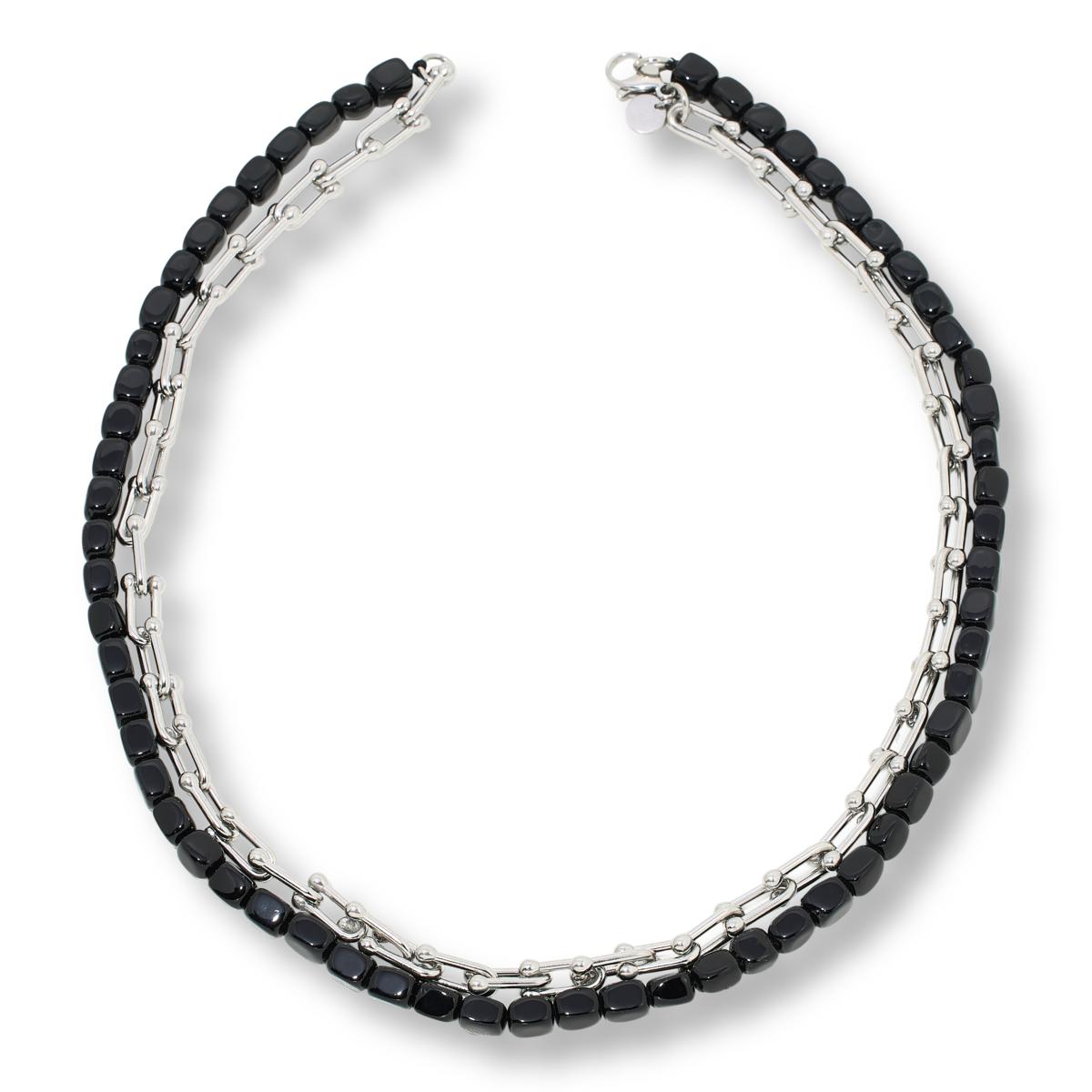 KALIFANO Black Agate & Chain-Link Layered Necklace, 20"