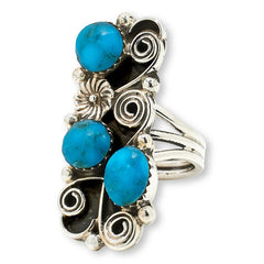 Chaco Canyon Sterling Silver Kingman Turquoise 3-Stone Elongated FlowerRing, Size 7