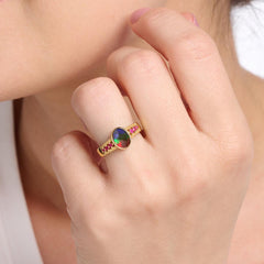 Canadian Ammolite Sterling Silver Ammolite and Ruby Ring, Size 8