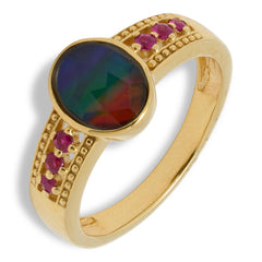 Canadian Ammolite Sterling Silver Ammolite and Ruby Ring, Size 8