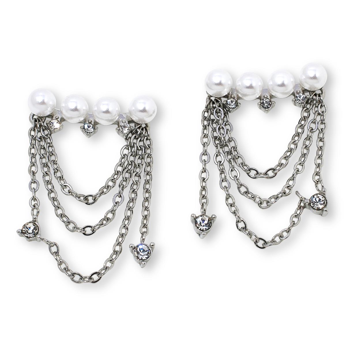 Stately Steel CZ & Simulated Pearl Chain Dangle Earrings