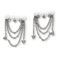 Stately Steel CZ & Simulated Pearl Chain Dangle Earrings