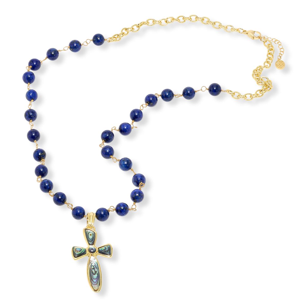 Connie Craig Carroll Abalone Cross Pendant & Lapis Beaded Rosary Chain, 28"