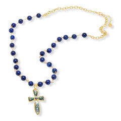 Connie Craig Carroll Abalone Cross Pendant & Lapis Beaded Rosary Chain, 28"