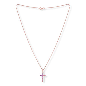 House of Ellure Sterling Silver Roseclad Pink Sapphire Cross Necklace, 18"