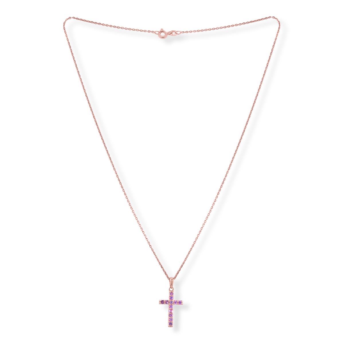 House of Ellure Sterling Silver Roseclad Pink Sapphire Cross Necklace, 18"