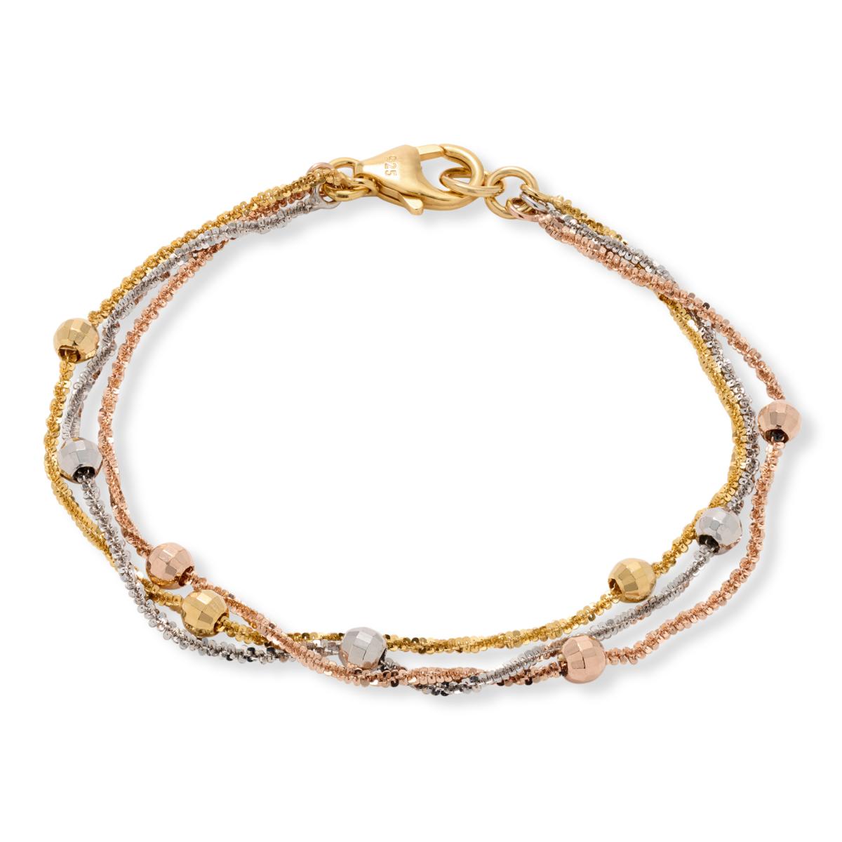 Fiorenza Sterling Silver 3-Strand Margherita Chain Bracelet with Bead Accents, 7"