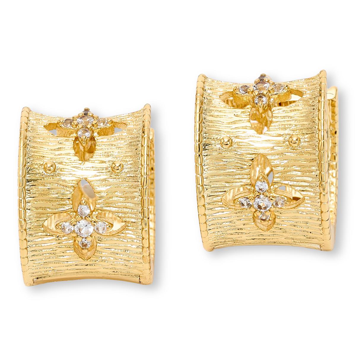 Bellezza Yellow Bronze White Topaz Textured Huggie Hoop Earrings