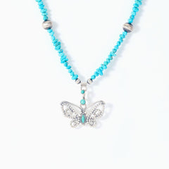 Chaco Canyon Sterling Silver Beaded Turquoise "Butterfly" Charm Necklace,  18"