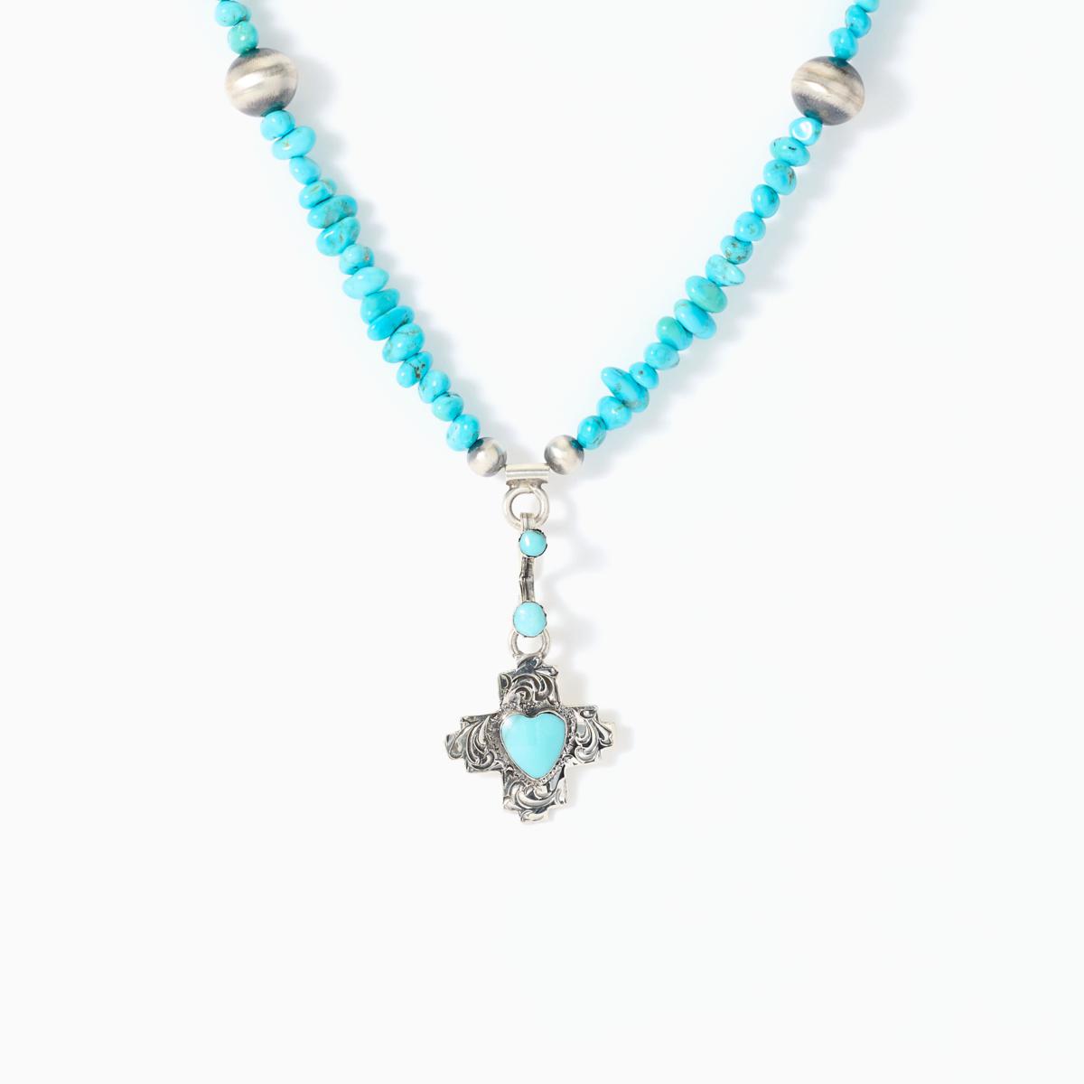 Chaco Canyon Sterling Silver Beaded Turquoise "Cross" Charm Necklace,  18"