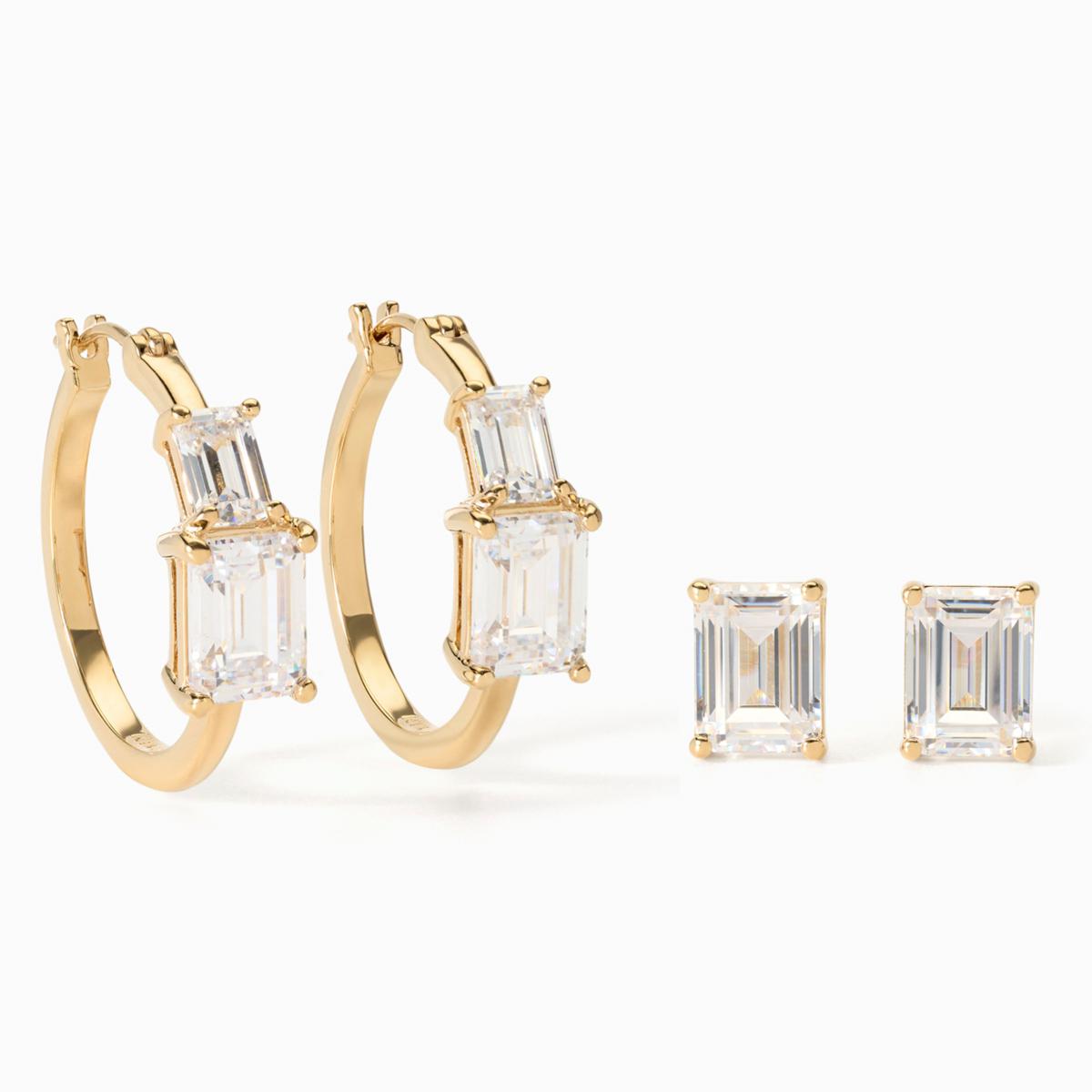 Absolute Brass Goldtone  Emerald-Cut Duet Earring Set