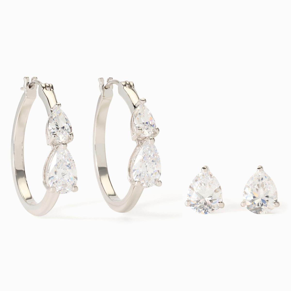 Absolute Brass Silvertone Pear-Cut Duet Earring Set