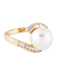 Effy 14K Yellow Gold 13mm Pearl & Diamond Cocktail Ring Size 8 0.76ctw