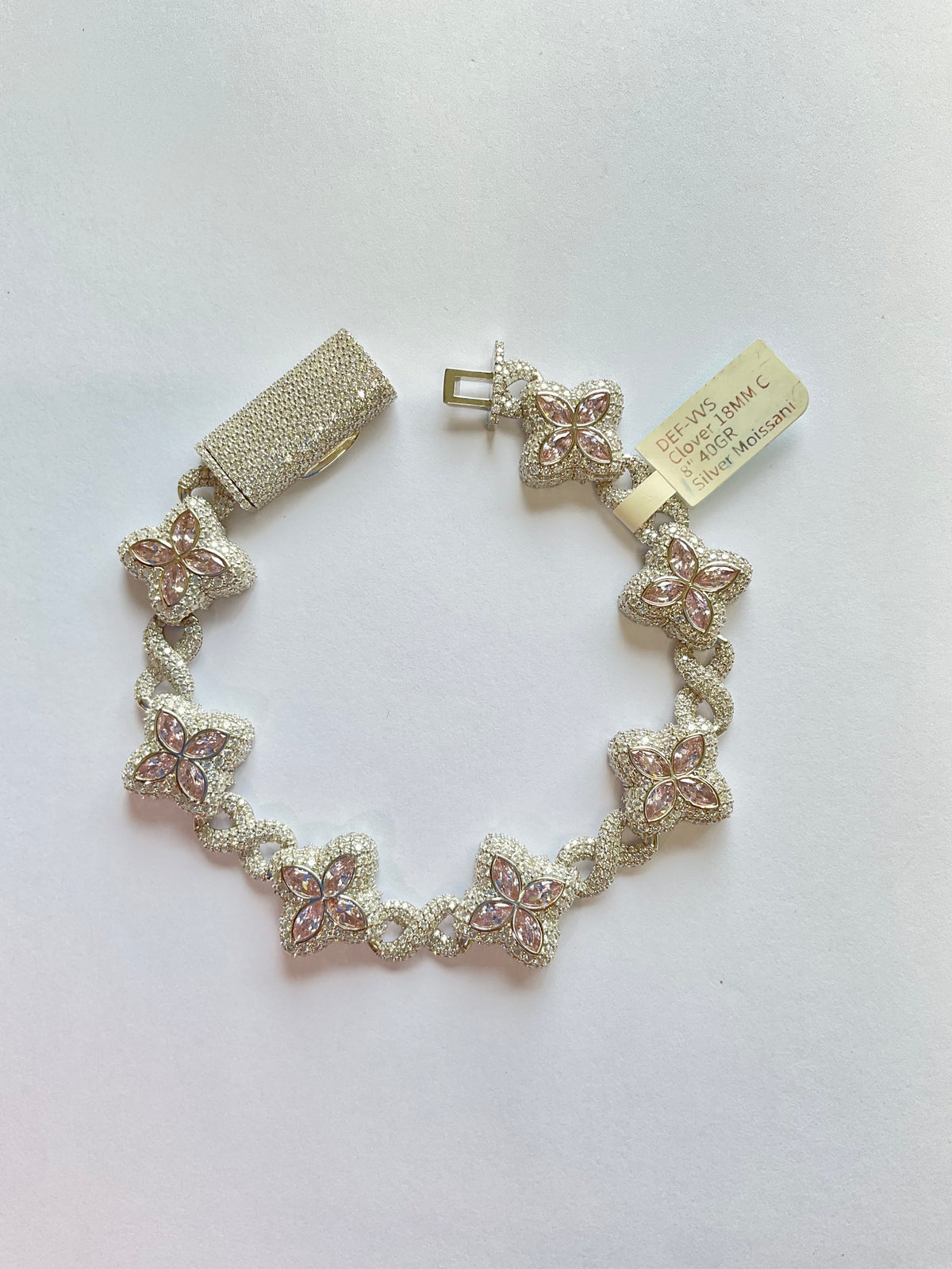 98753 - Clover 18mm 8” silver moissanite 20cttw ($4000) pink