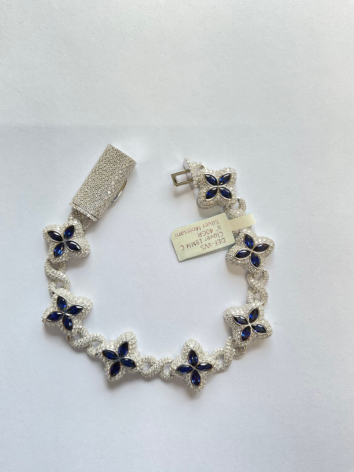 98753 - Clover 18mm 8” silver moissanite 20cttw ($4000) blue