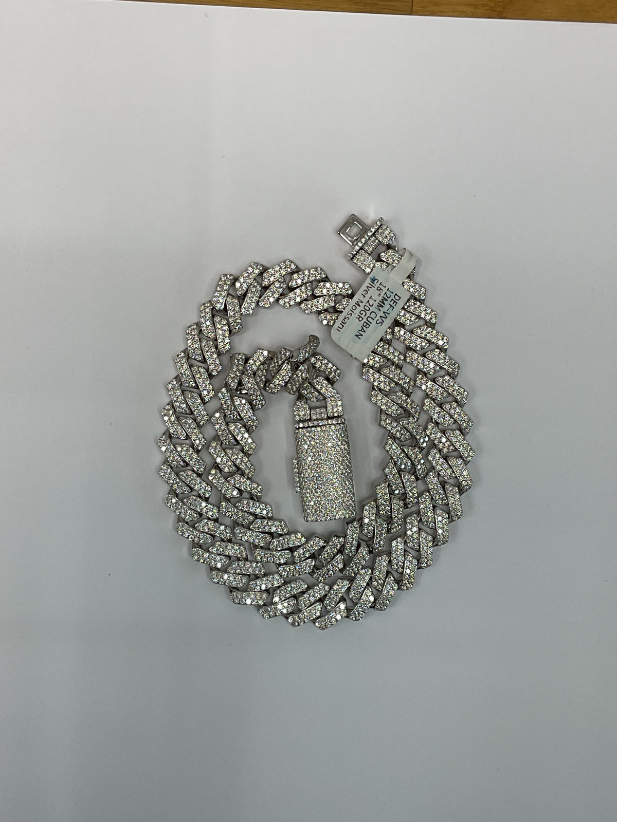 97779 - silver moissanite cuban 12mm 18” 120g  22cttw White ($9500)