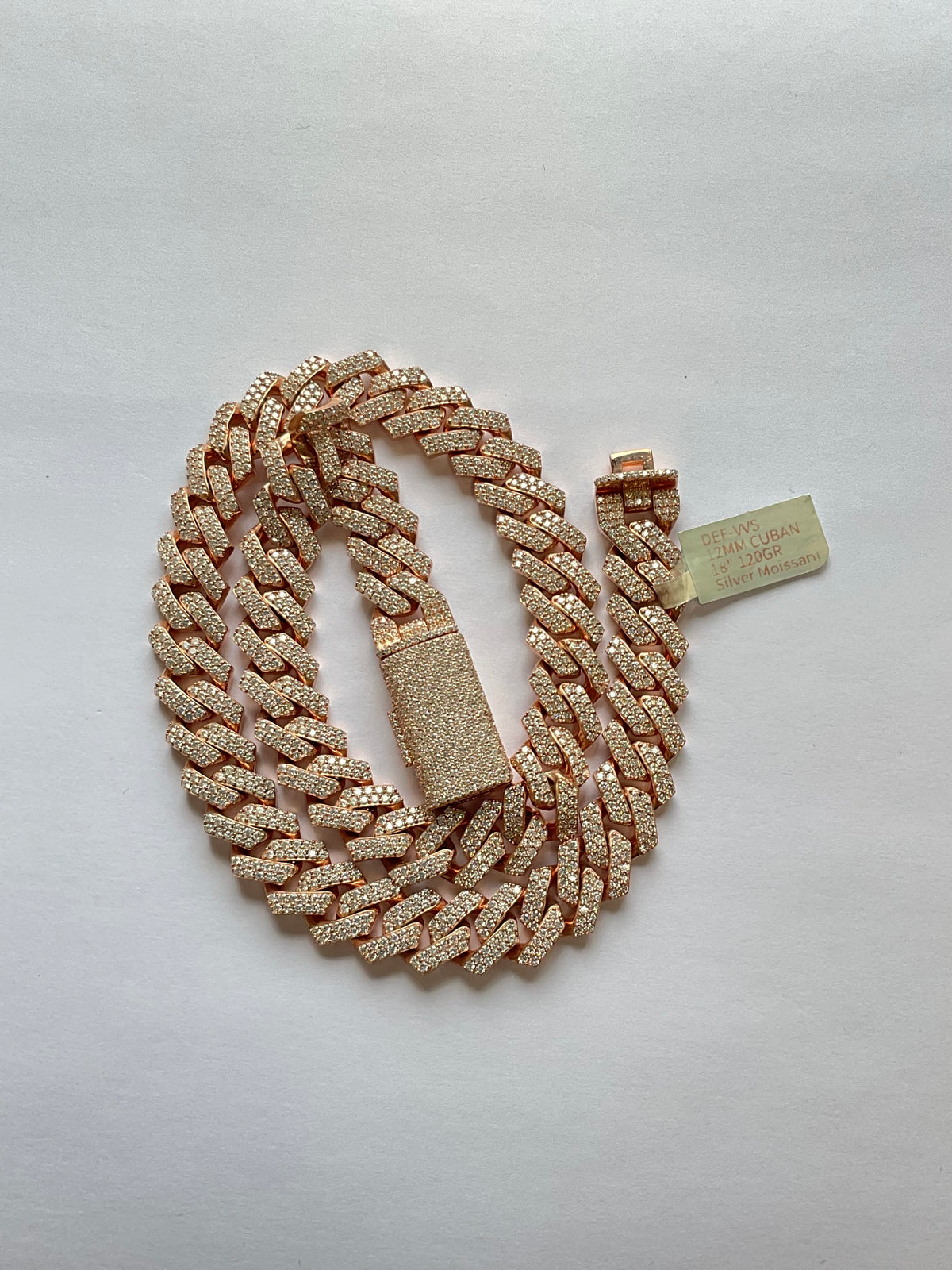 97779 - silver moissanite cuban 12mm 18” 120g  22cttw Rose Gold ($9500)