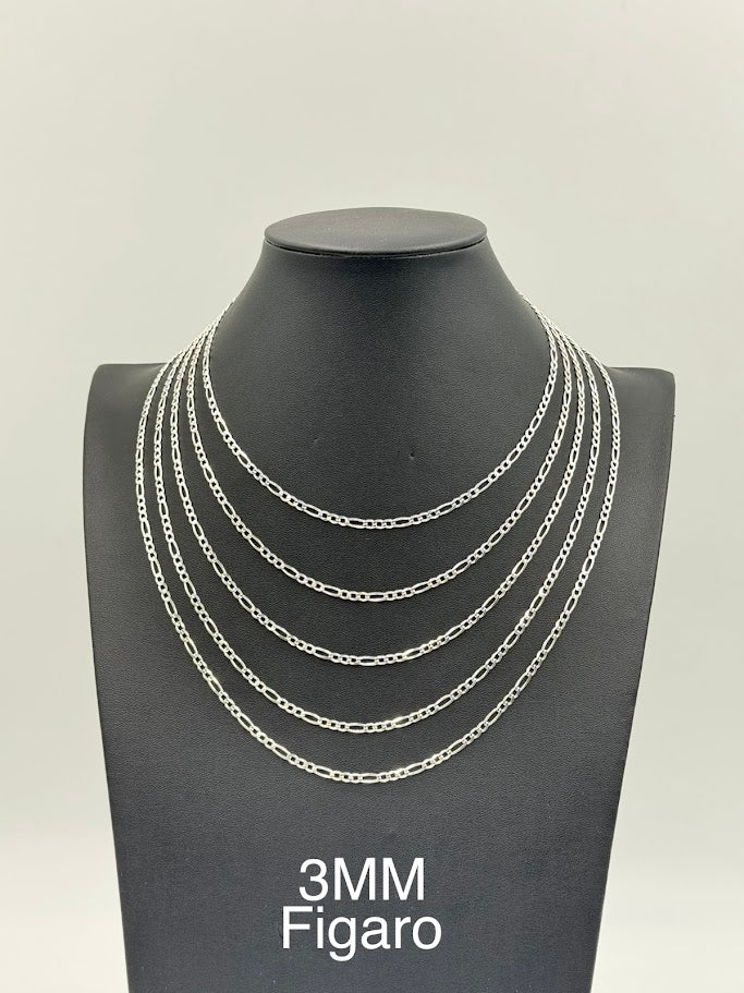 925 Sterling Silver Figaro Chain Necklace 3mm 18" Italy