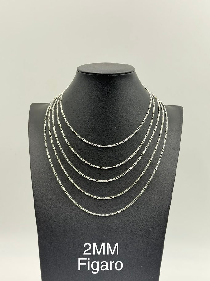 925 Sterling Silver Figaro Chain Necklace 2mm 24" Italy