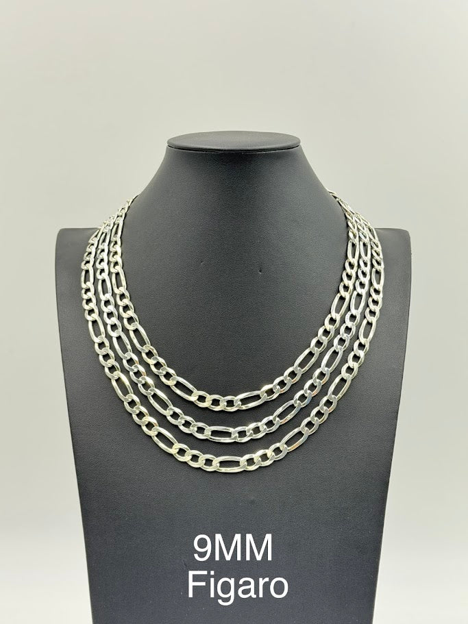 925 Sterling Silver Figaro Chain Necklace 9mm 22" Italy