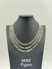 925 Sterling Silver Figaro Chain Necklace 9mm 22" Italy