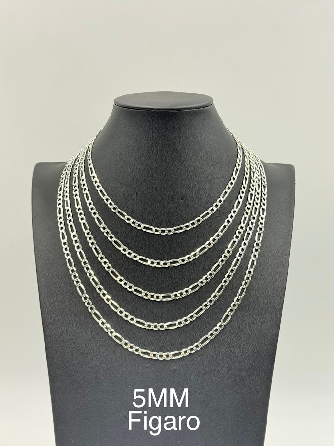 925 Sterling Silver Figaro Chain Necklace 5mm 24" Italy