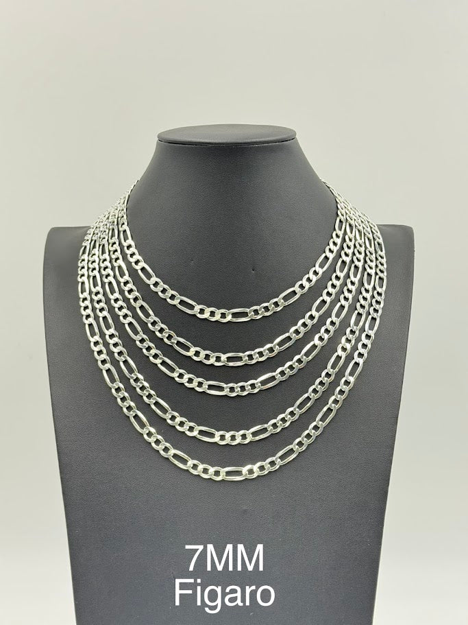 925 Sterling Silver Figaro Chain Necklace 7mm 20" Italy