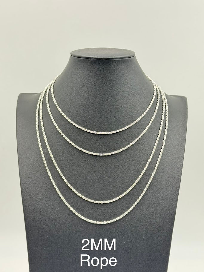 925 Sterling Silver Rope Chain Necklace 2mm 16" Italy