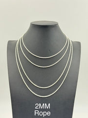 925 Sterling Silver Rope Chain Necklace 2mm 16" Italy