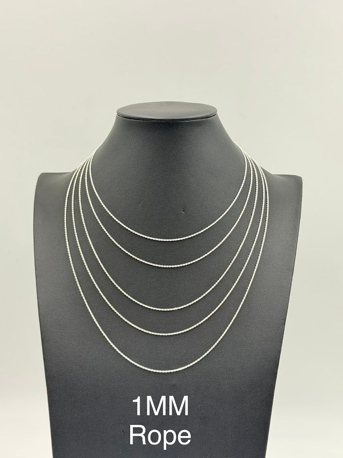 925 Sterling Silver Rope Chain Necklace 1mm 24" Italy