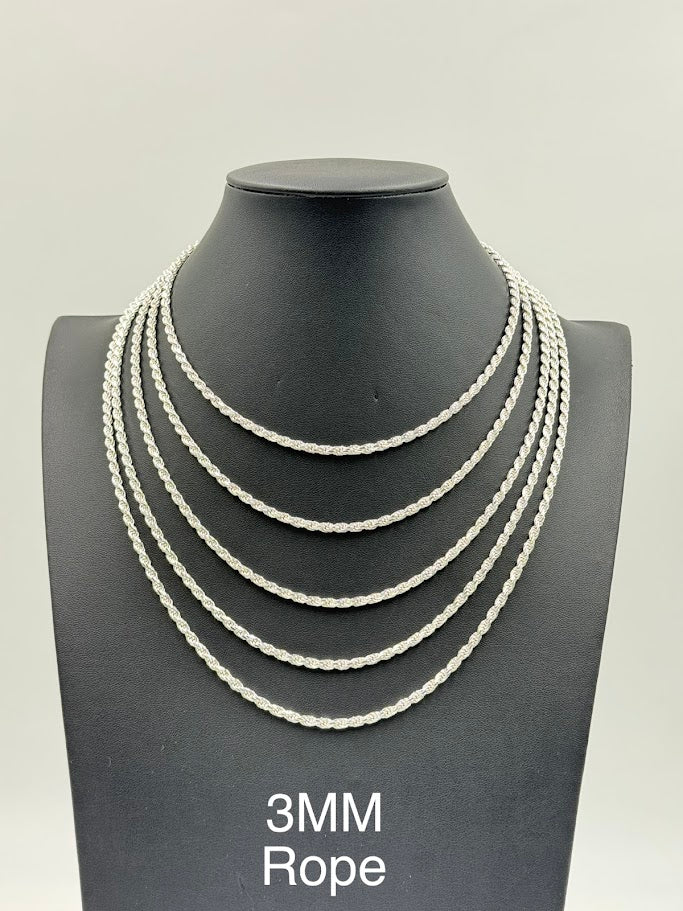 925 Sterling Silver Rope Chain Necklace 3mm 18" Italy