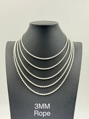 925 Sterling Silver Rope Chain Necklace 3mm 18" Italy