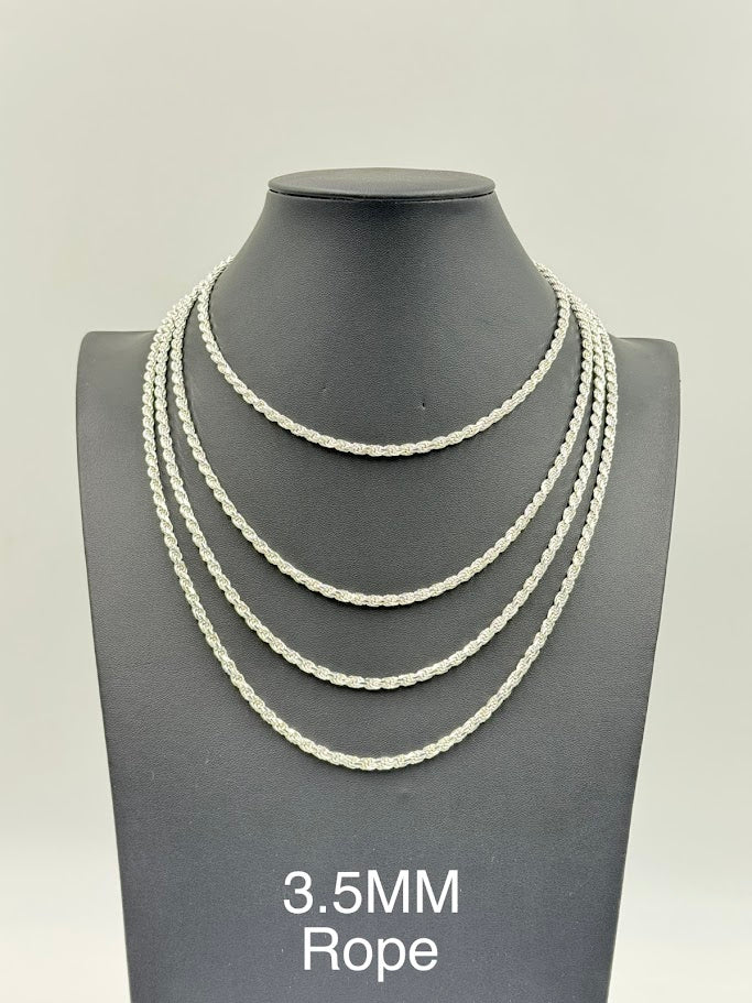 925 Sterling Silver Rope Chain Necklace 3.5mm 16" Italy
