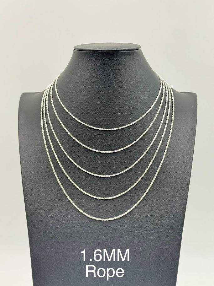 925 Sterling Silver Rope Chain Necklace 1.6mm 16" Italy