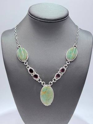 Chaco Canyon Sterling Silver Oval Kingman Turquoise & Garnet Station Necklace