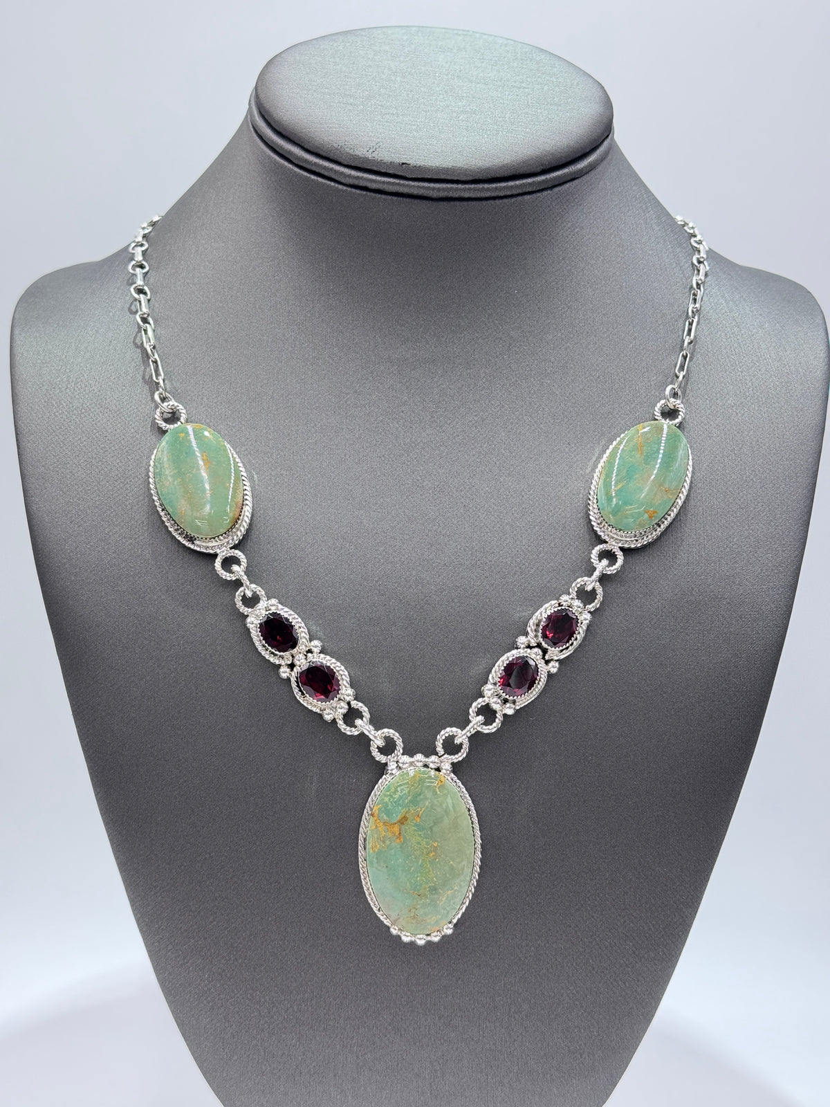 Chaco Canyon Sterling Silver Oval Kingman Turquoise & Garnet Station Necklace