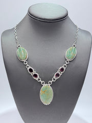 Chaco Canyon Sterling Silver Oval Kingman Turquoise & Garnet Station Necklace