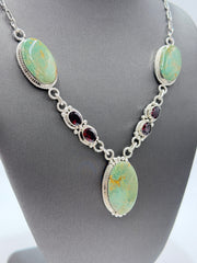 Chaco Canyon Sterling Silver Oval Kingman Turquoise & Garnet Station Necklace
