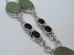 Chaco Canyon Sterling Silver Oval Kingman Turquoise & Garnet Station Necklace