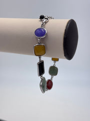 Jade of Yesteryear Sterling Silver Multicolor Jade Station Bracelet, 6-3/4" - 8"