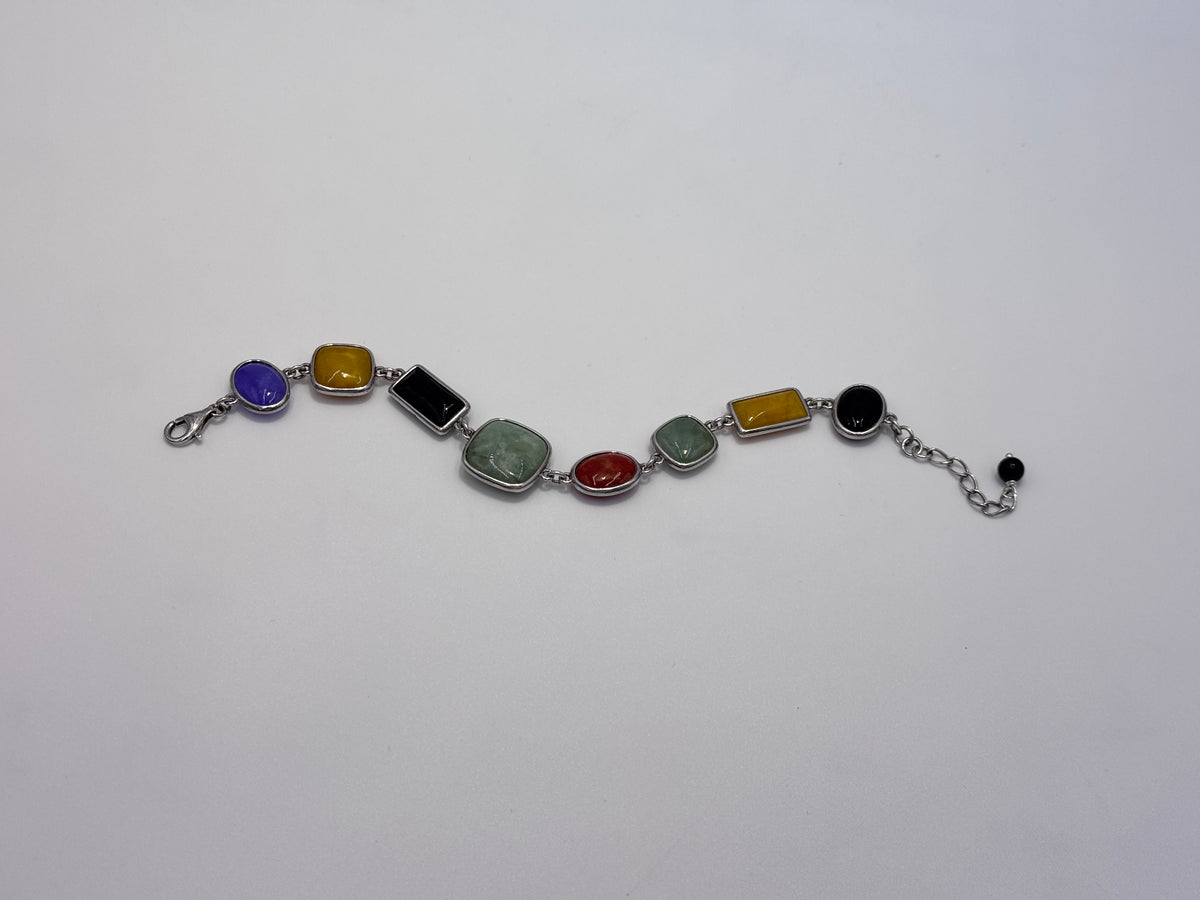 Jade of Yesteryear Sterling Silver Multicolor Jade Station Bracelet, 6-3/4" - 8"