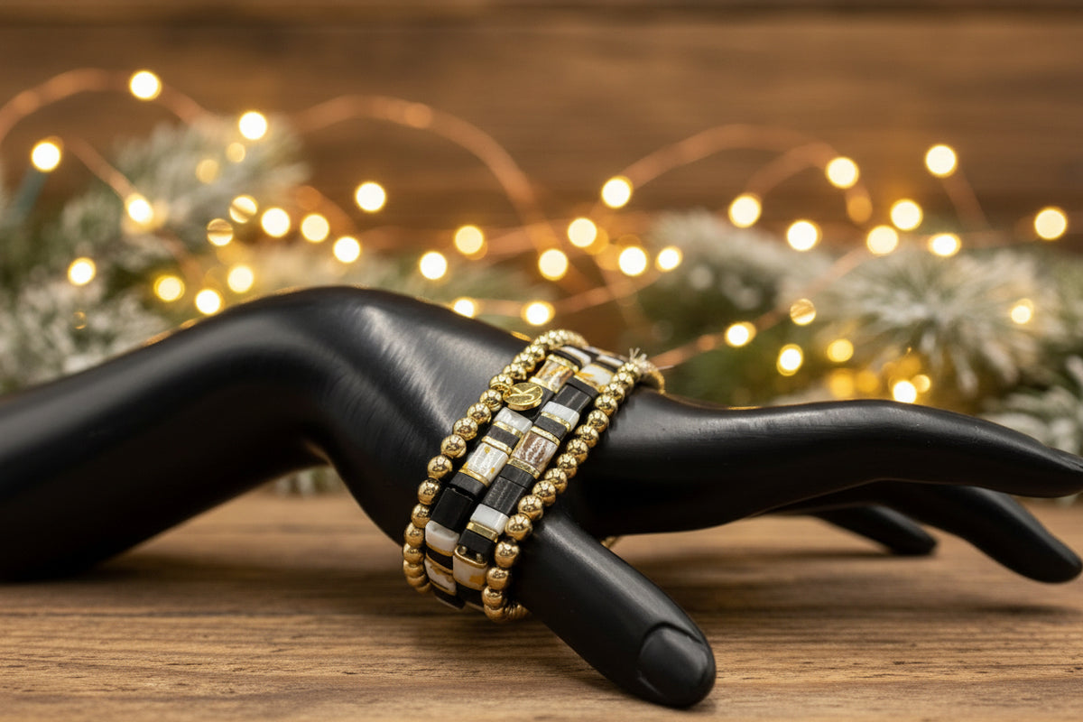 JK NY Beaded Stretch Black Bracelet 4piece Set