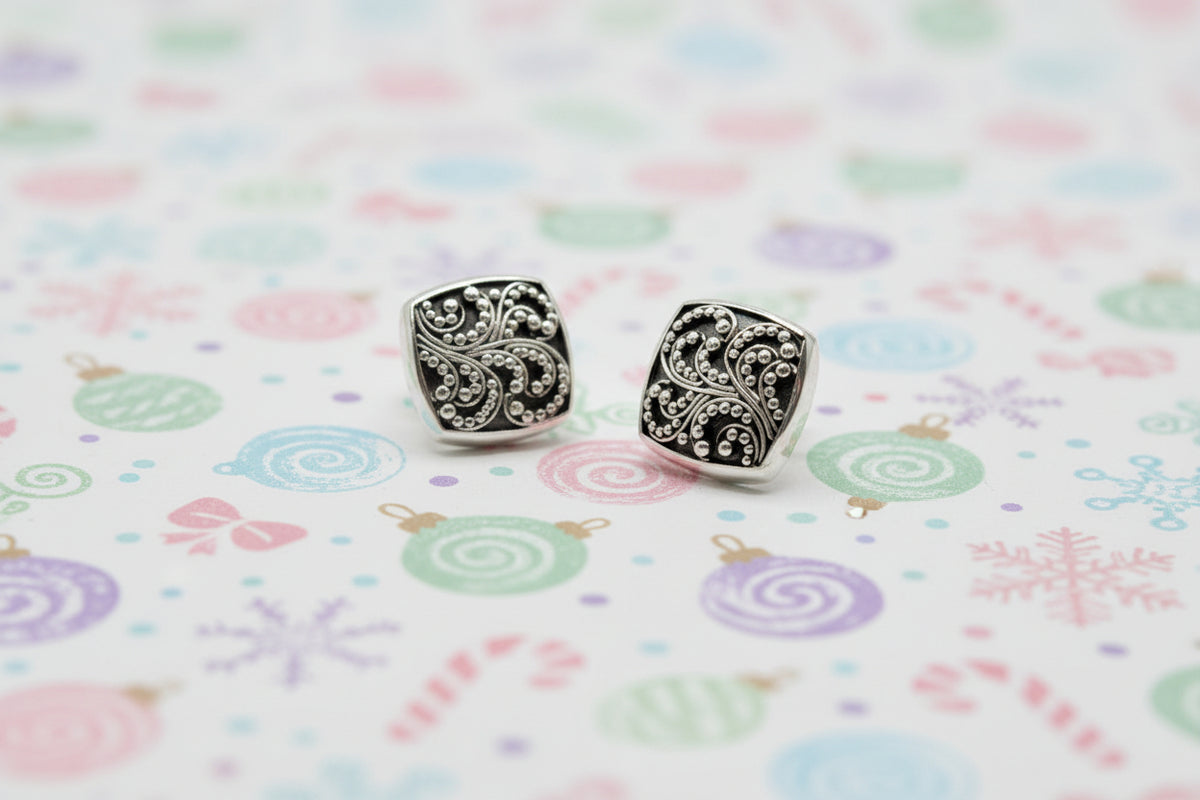 Lois Hill Sterling Silver Cushion Shape Stud Earrings, Granulated