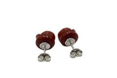 Jade of Yesteryear Sterling Silver Red Jade Carve Rose Stud Earrings.