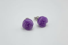 Jade of Yesteryear Sterling Silver Purple Jade Carve Rose Stud Earrings.