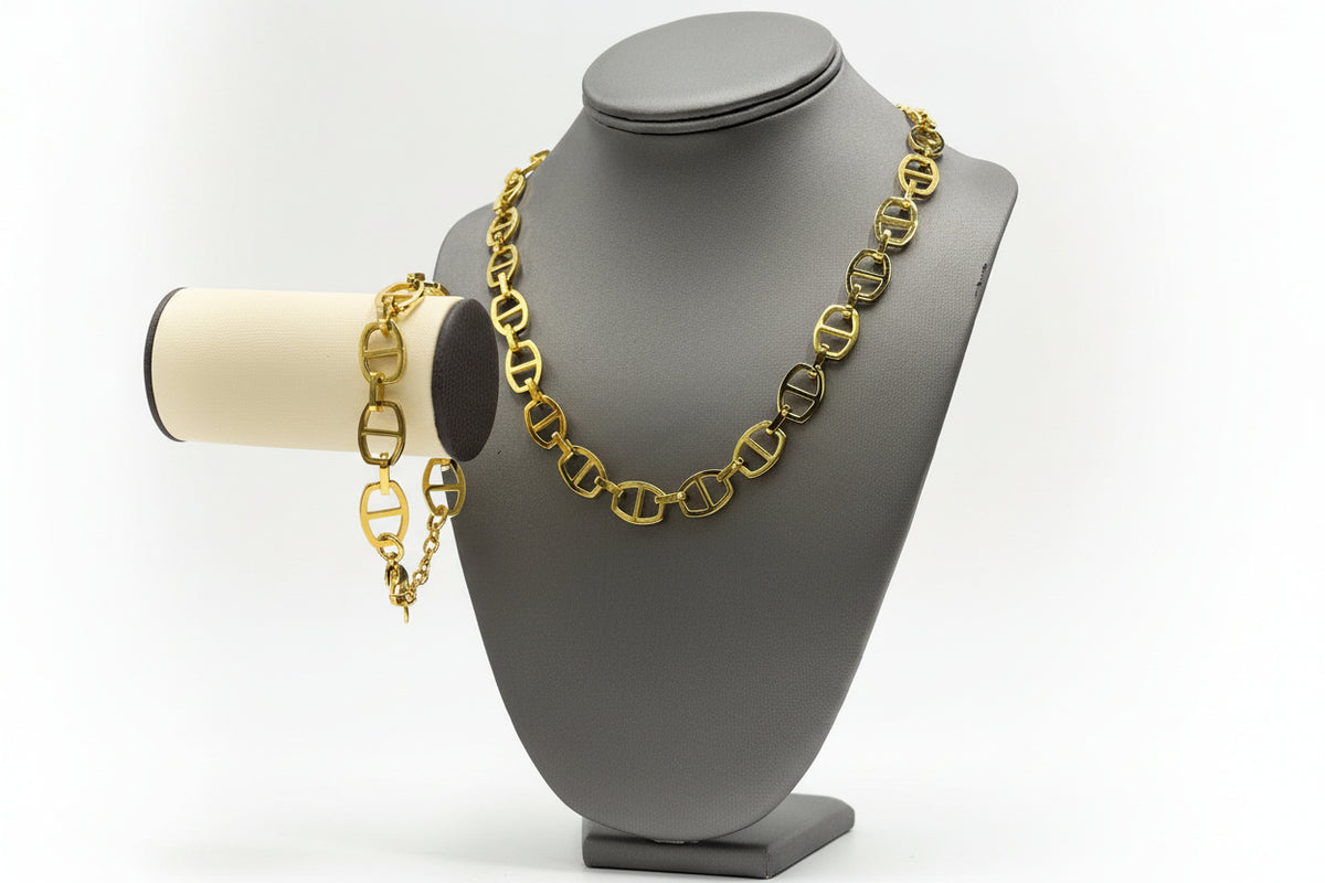 Stately Steel Mariner Chain Necklace & Bracelet Set, Goldtone