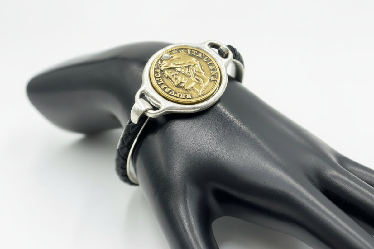 Patricia Nash World Coin Braided Black Leather Silvertone Bangle Bracelet. 6-3/4